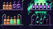 © CreativePulse - A collection of pixel art potion bottles with various spooky symbols and glowing liquids on shelves