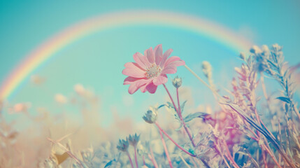 Sticker - A Polaroid photo of a flower in a field, with a rainbow in the background, Soft, dreamy lighting creates a nostalgic and whimsical mood. 