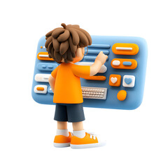 cartoon character interacting with a user interface on a blue screen display