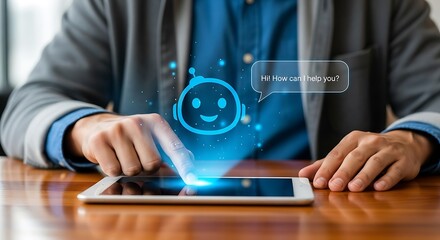 Modern Businessman Using Digital Tablet with Chatbot Interface Application Technology