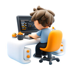 cartoon programmer coding at his desk with a computer and stationery supplies