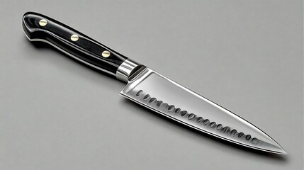 Polished stainless steel chef's knife with black handle and brass rivets on a gray surface