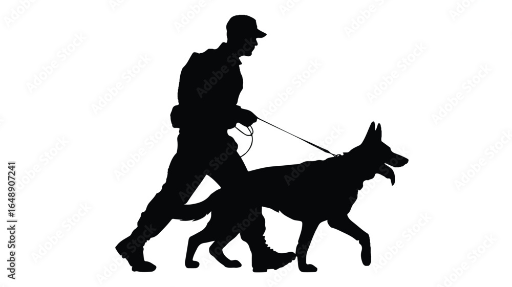 Guard Patrolling Vector Silhouette of Security Guard Walking with German Shepherd Dog on Leash ...
