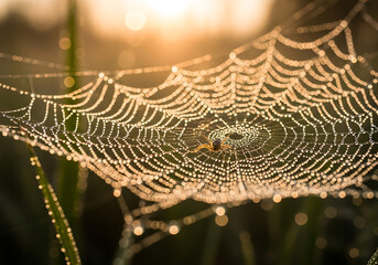 Dewdrops on a spider web glistening in the morning sun