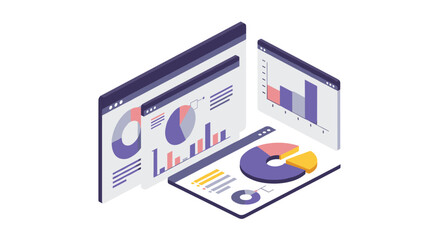 Isometric data analysis dashboard with charts and graphs