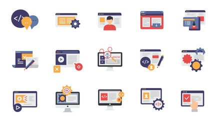 icons representing web development and coding concepts in flat design style