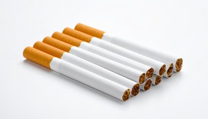 Pyramid arrangement of twelve cigarettes with white filters facing forward and brown tobacco ends aligned in rows, isolated on a clean white background.