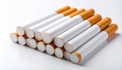 Pyramid arrangement of twelve cigarettes with white filters facing forward and brown tobacco ends aligned in rows, isolated on a clean white background.