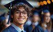 © Bene - Smiling graduate in cap and gown with glasses, looking directly ahead. Blurry crowd of graduates behind him, bokeh lights in background. Focus is sharp on the subject's face