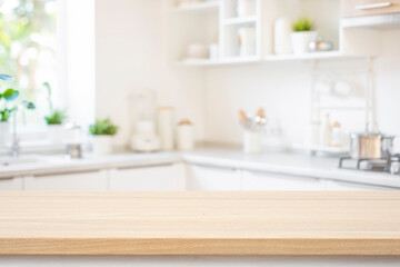 Wall Mural - Wooden texture table with bright interior of kitchen as blurred background