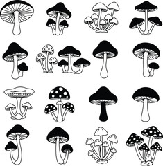 Black and white mushroom line art vector illustration for coloring book, nature print, seamless pattern, and various decoration

.