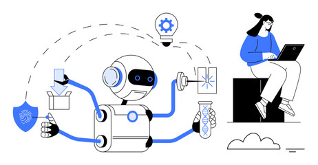 Wall Mural - Robot multitasking with gear, shield, box, test tube, and woman using laptop. Ideal for automation, AI, innovation multitasking technology digital solutions futuristic design. Clean flat metaphor