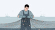 © Nayka - Fisherman Repairing His Fishing Net with Fishing Boats in the Background