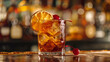 © Allah - Classic Old Fashioned Cocktail with Whiskey, Large Ice Cubes, Garnished with Dried Orange Slice and Maraschino Cherries, Served in a Glass on a Polished Bar Counter with Warm Ambient Lighting