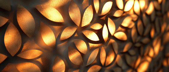 Wall Mural - Abstract golden background with leaf texture, soft glow creates an atmosphere of warmth and coziness. Suitable for interior design, postcards, banners and presentations.