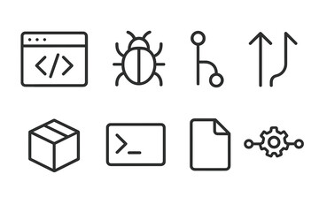 Collection of icons representing programming concepts and tools displayed in black and white style for tech enthusiasts