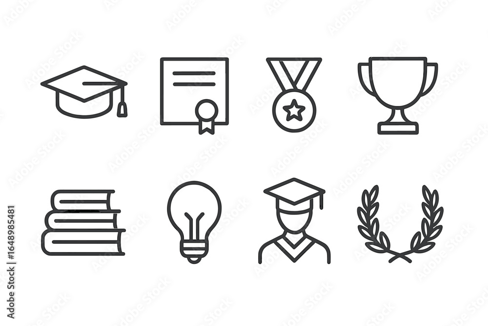Graduation symbols including a cap, diploma, trophy, and books ...