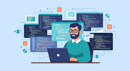 Programmer Working on Laptop Surrounded by Code on Multiple Screens, Digital Art