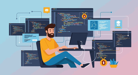 Programmer Coding at Desk Surrounded by Computer Screens Showing Software Code