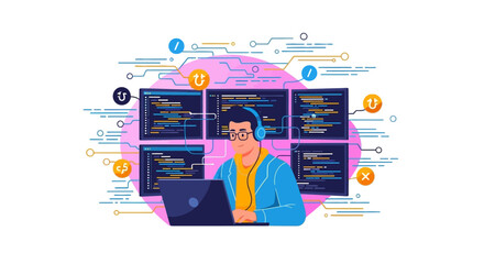 Coding Enthusiast Immersed in Digital World A Programmer's Creative Digital illustration with Code and Technology