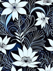 Wall Mural - elegant floral pattern: blue and white flowers on black background
