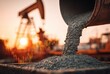© andyaziz6 - Concrete pouring from a mixer with a blurred oil pump jack in the background at sunset, symbolizing industry and economy.
