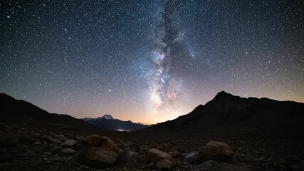 Wide-angle landscape photograph of the Milky Way galaxy over a quiet, dark mountain range at night, showcasing a serene and tranquil mood with cool color tones.