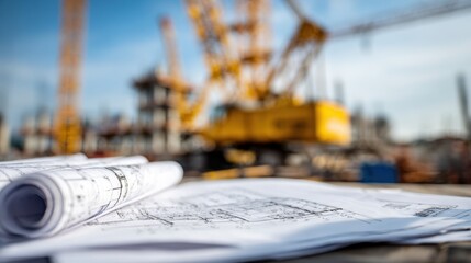 Close-up shot of construction blueprints rolled up and laid out on a table with a blurred construction site in the background, showcasing design and planning.