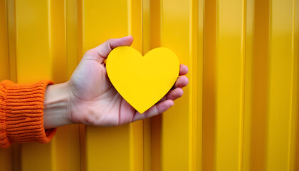 Wall Mural - A hand presenting a vibrant yellow heart against a bright yellow backdrop.