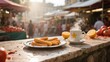 © Big - Steaming coffee with star mug and churros on a rustic table at a bustling market