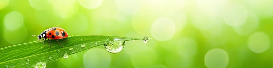 Wall Mural - A Beautiful Ladybug Sitting on a Green Grass Blade with Sparkling Water Droplets in Nature s Bokeh