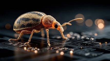 Intricate golden beetle on a futuristic circuit board, symbolizing technology, innovation, and the digital world, perfect for design