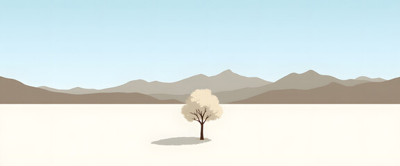 Wall Mural - A minimalist landscape featuring a lone tree against a backdrop of mountains.