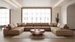 © Moma888 - Spacious modern living room with large sectional sofa coffee table and natural light from large window