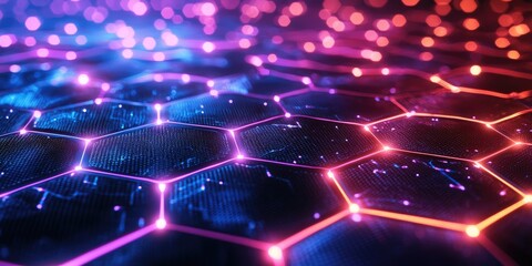 Wall Mural - Abstract technology background with hexagonal grid and neon glow Stock photo