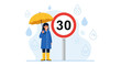 © Yanto - Rainy Day With Girl Under Umbrella Near The Speed Limit Road Sign