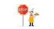 © Yanto - Refusing Service Cartoon Chef with Plate Beside Stop Sign Vector Illustration