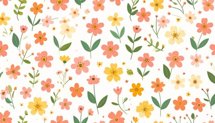 Wall Mural - Seamless, light, summer, ditsy, flowers pattern, repeated design, wallpaper background, bright, cheerful, delicate, floral, decorative, colorful, charming, soft, minimalistic, elegant, fresh, small-sc