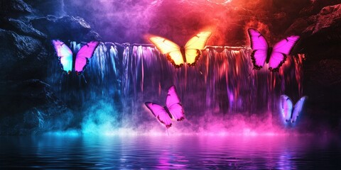 Wall Mural - five glowing butterflies near waterfall with colorful mist, photorealistic stock photo