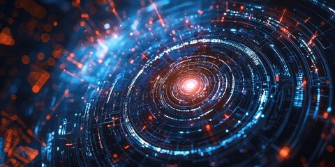 Wall Mural - high-tech hud circle interface rotating over digital particles stock photo