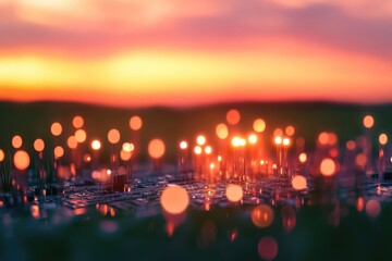Wall Mural - sunset illuminates a futuristic cityscape of glowing lights and intricate circuitry, a blend of natu