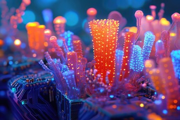 Wall Mural - glowing bioluminescent coral-like structures emerge from a circuit board, a surreal blend of nature 