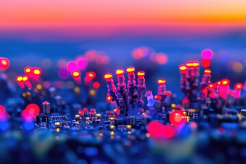 Wall Mural - glowing, bioluminescent structures sprout from a circuit board, illuminated by a vibrant sunset.