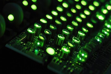 Wall Mural - close-up of a circuit board with glowing green components, showcasing intricate electronic details.