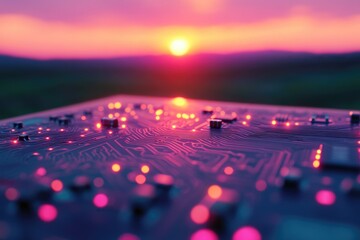 Wall Mural - circuit board at sunset, glowing components against a vibrant sky, technological landscape.
