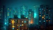 © Alohanongza - High-rise apartment buildings illuminated by colorful lights at night create a vibrant cityscape under a moody sky