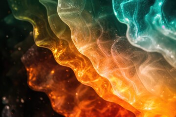 Wall Mural - abstract artwork featuring vibrant, wavy, translucent layers in shades of orange, teal, and gold wit