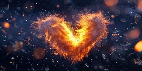 Wall Mural - Romantic flying feathers sculpting hearts in the sky, glowing golden center, surrounded by floating silver specks Stock photo