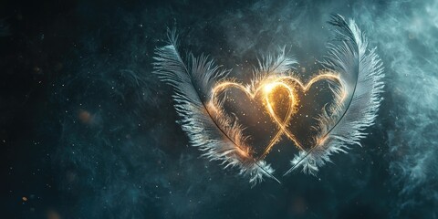Wall Mural - Surreal twin feather hearts glowing with gold core, silver mist gently suspended around dark background Stock photo