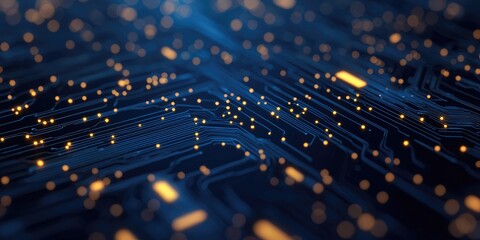 Wall Mural - technology pattern of thin circuit lines on a dark navy background stock photo